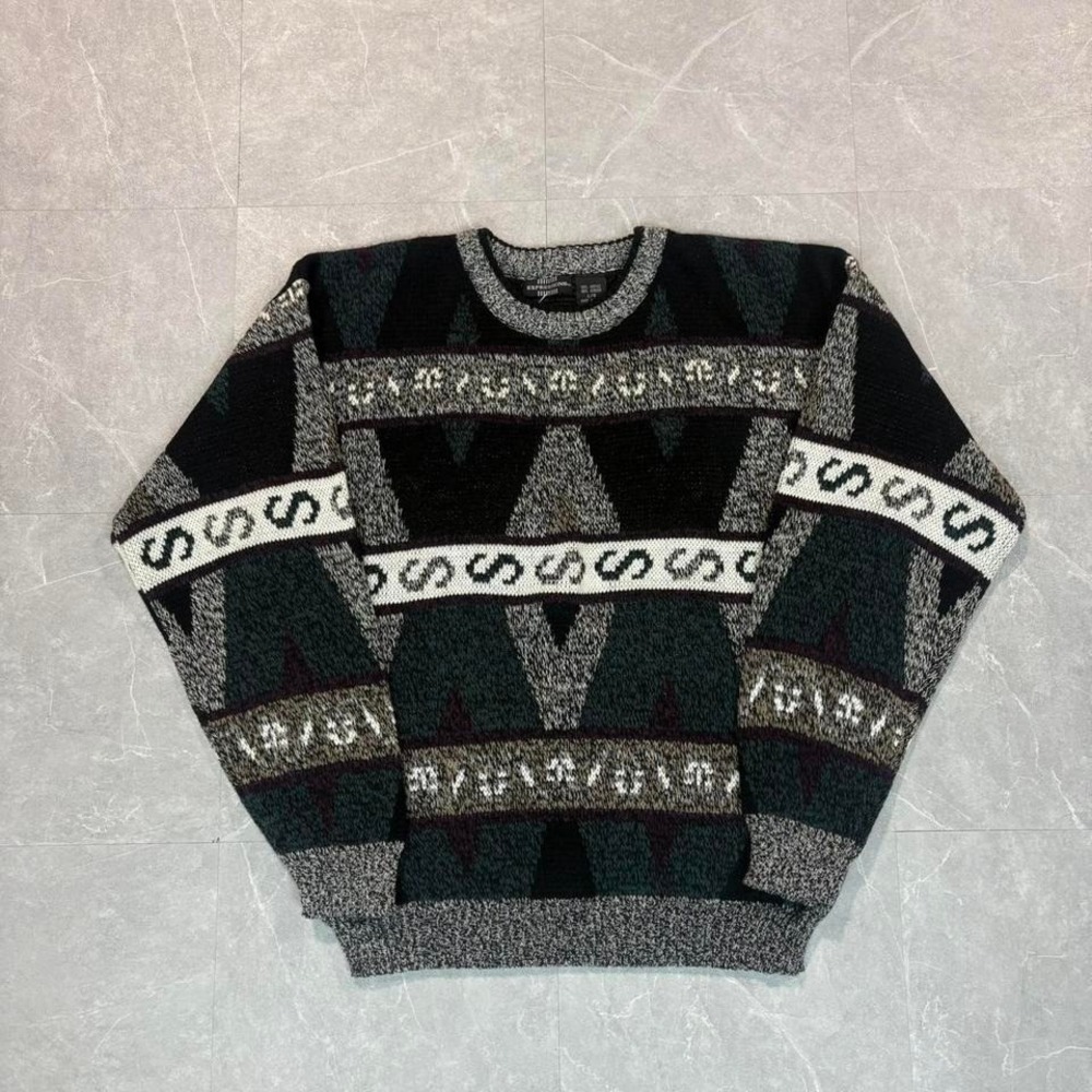 90's Retro black and grey‎ geometric pattern sweater #sweater
